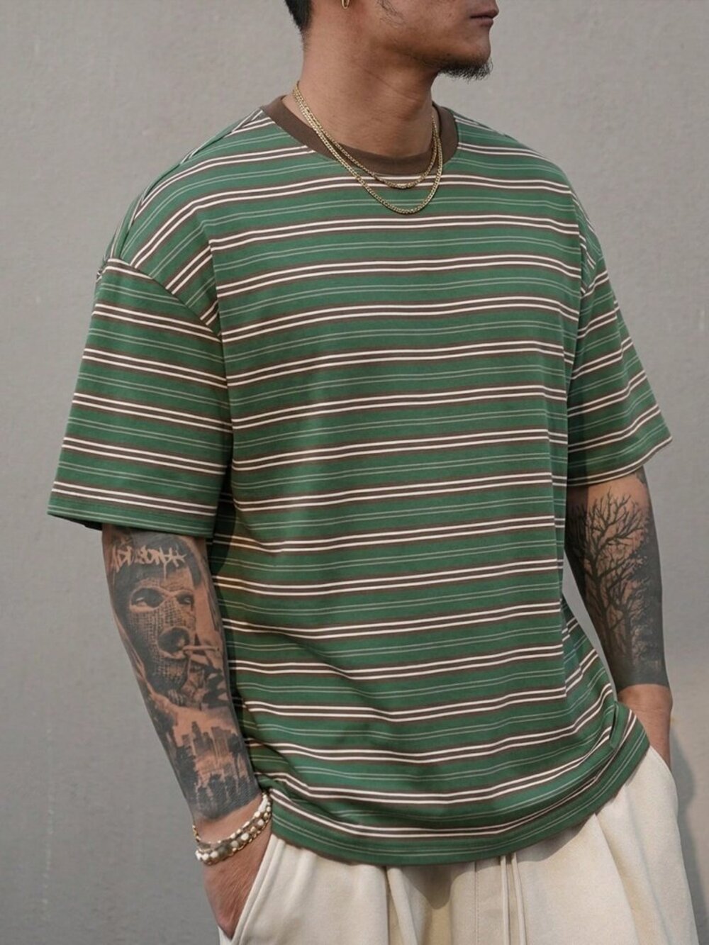 Multicolor Men's Regular Fit Round Neck Striped Drop Sleeve Short Sleeve T-Shirt